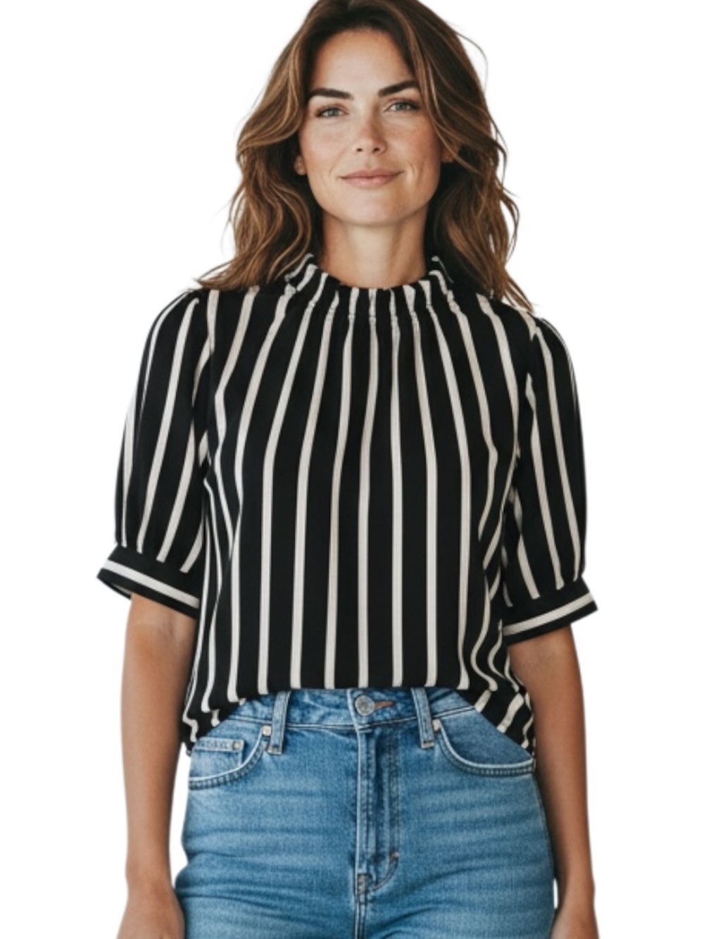 Adrianna Papell Black and White Vertical Stripe Smocked Neck Blouse